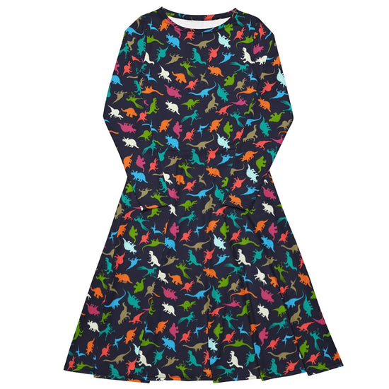 Nerdy Colorful Dinosaur Silhouettes Navy Long Sleeve Midi Dress