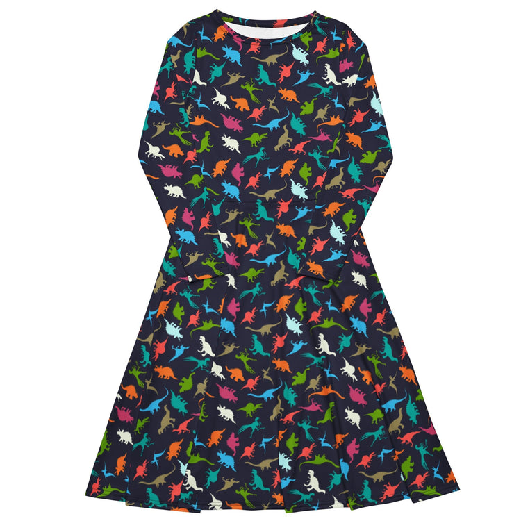 Nerdy Colorful Dinosaur Silhouettes Navy Long Sleeve Midi Dress