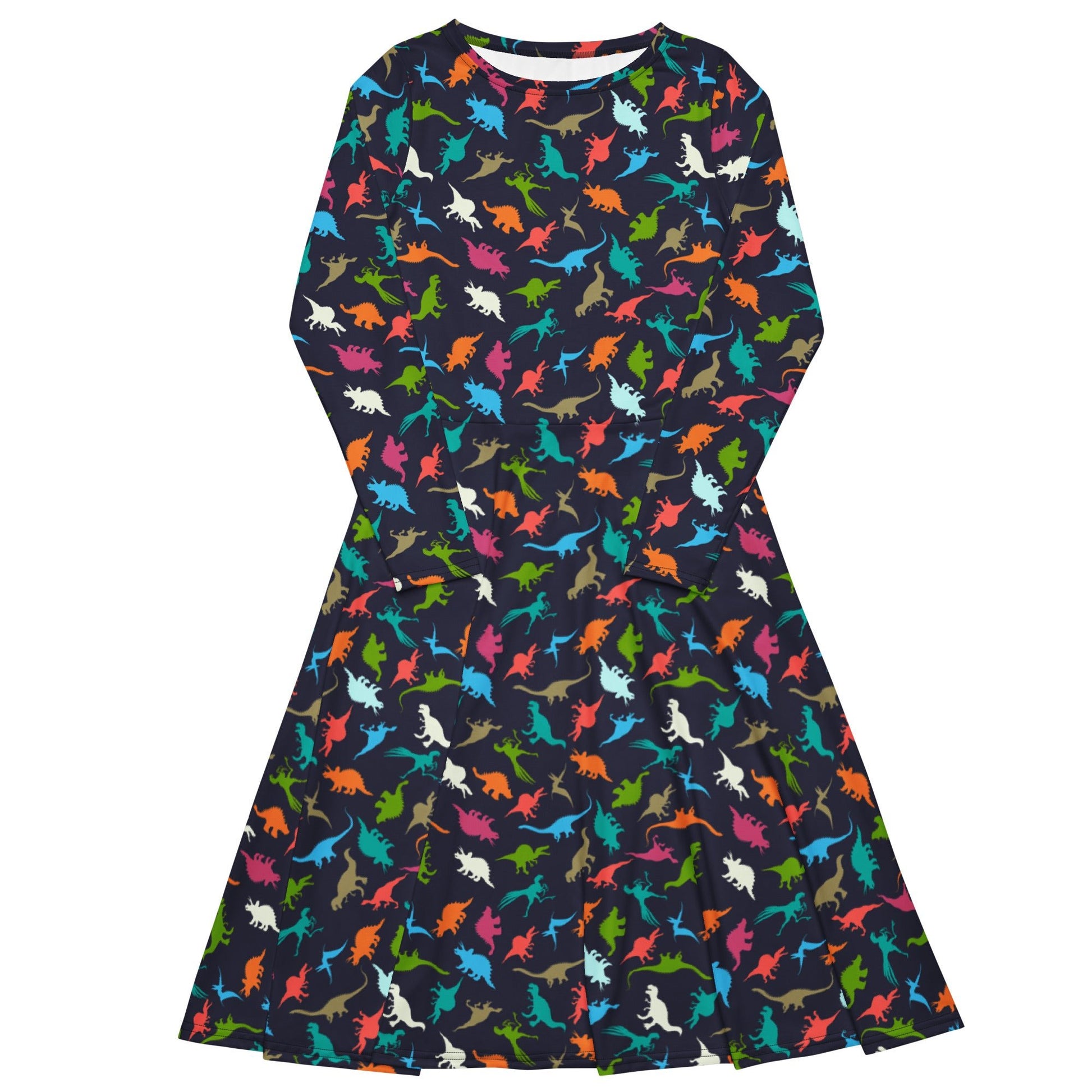Colorful Dinosaur Silhouettes Navy Long Sleeve Midi Dress 1