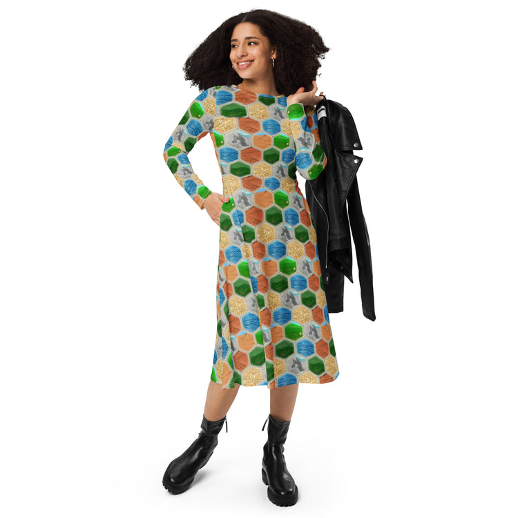 Nerdy Hexagon Tile Board Game Long Sleeve Midi Dress