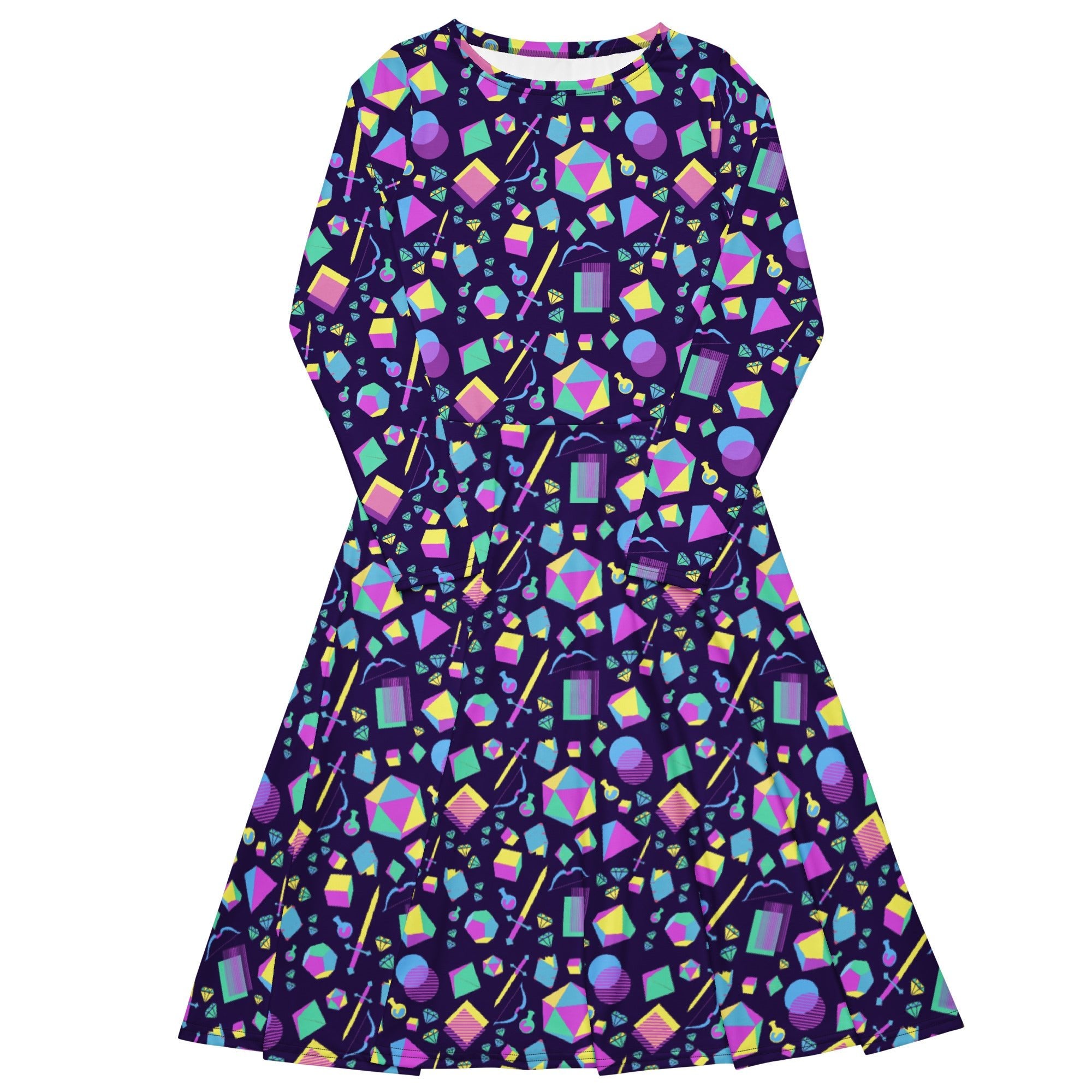 Nerdy Tabletop RPG Weapons Items Purple Blue Dnd Long Sleeve Midi Dress