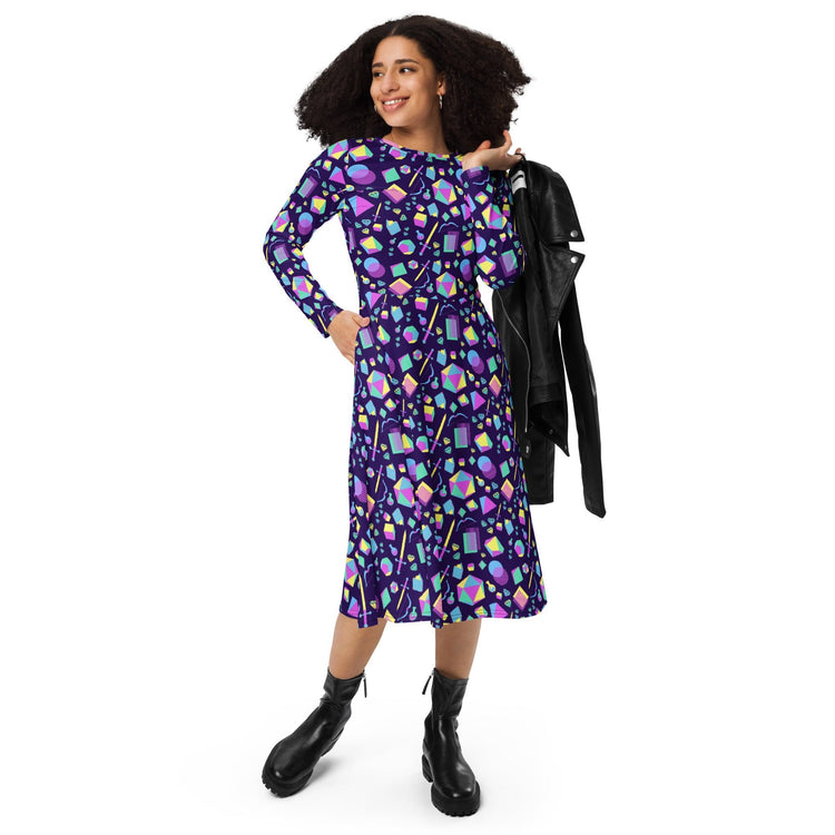 Nerdy Tabletop RPG Weapons Items Purple Blue Dnd Long Sleeve Midi Dress