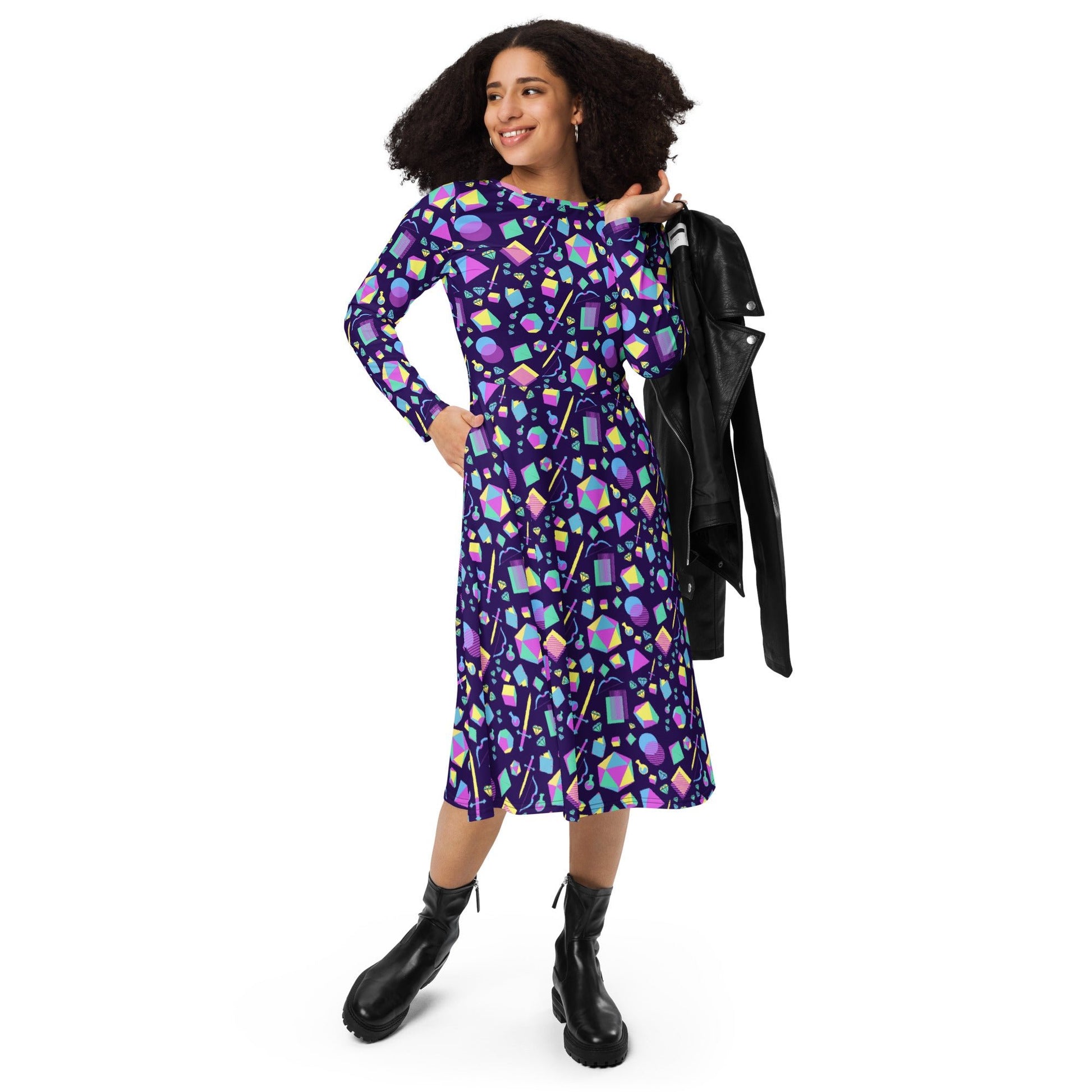 Tabletop RPG Weapons Items Purple Blue Dnd Long Sleeve Midi Dress 4