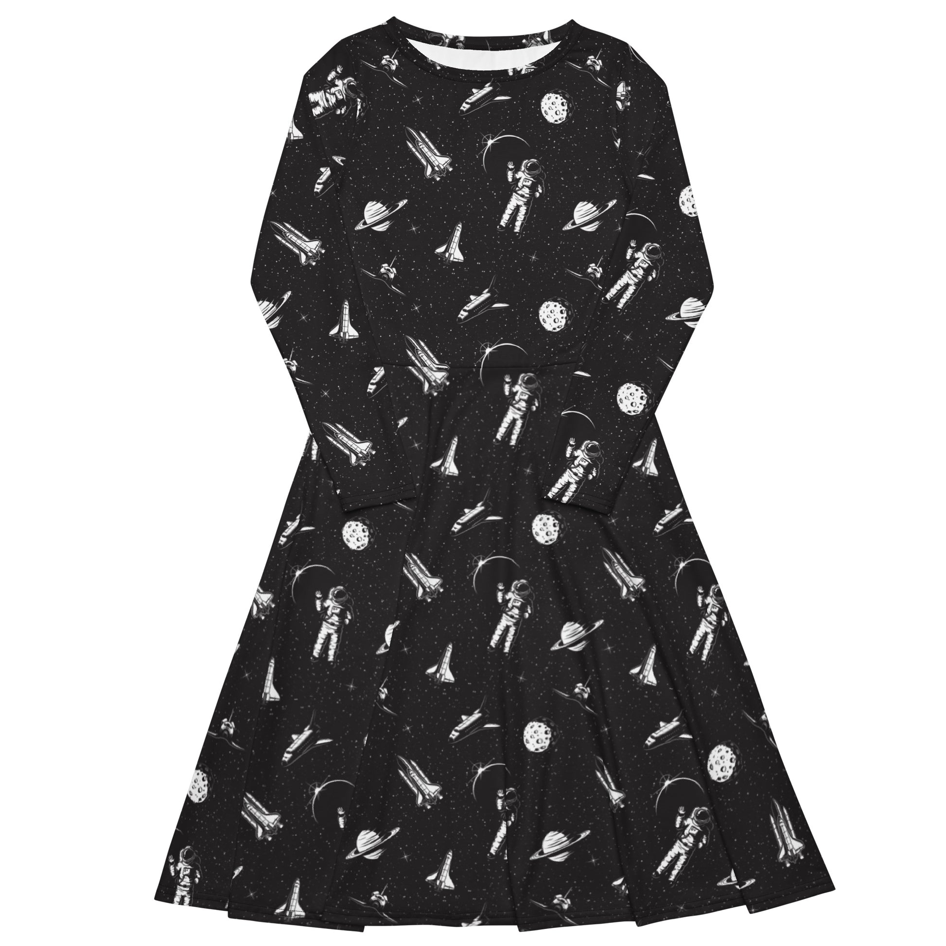 Space Mission Black Outer Space Long Sleeve Midi Dress 1