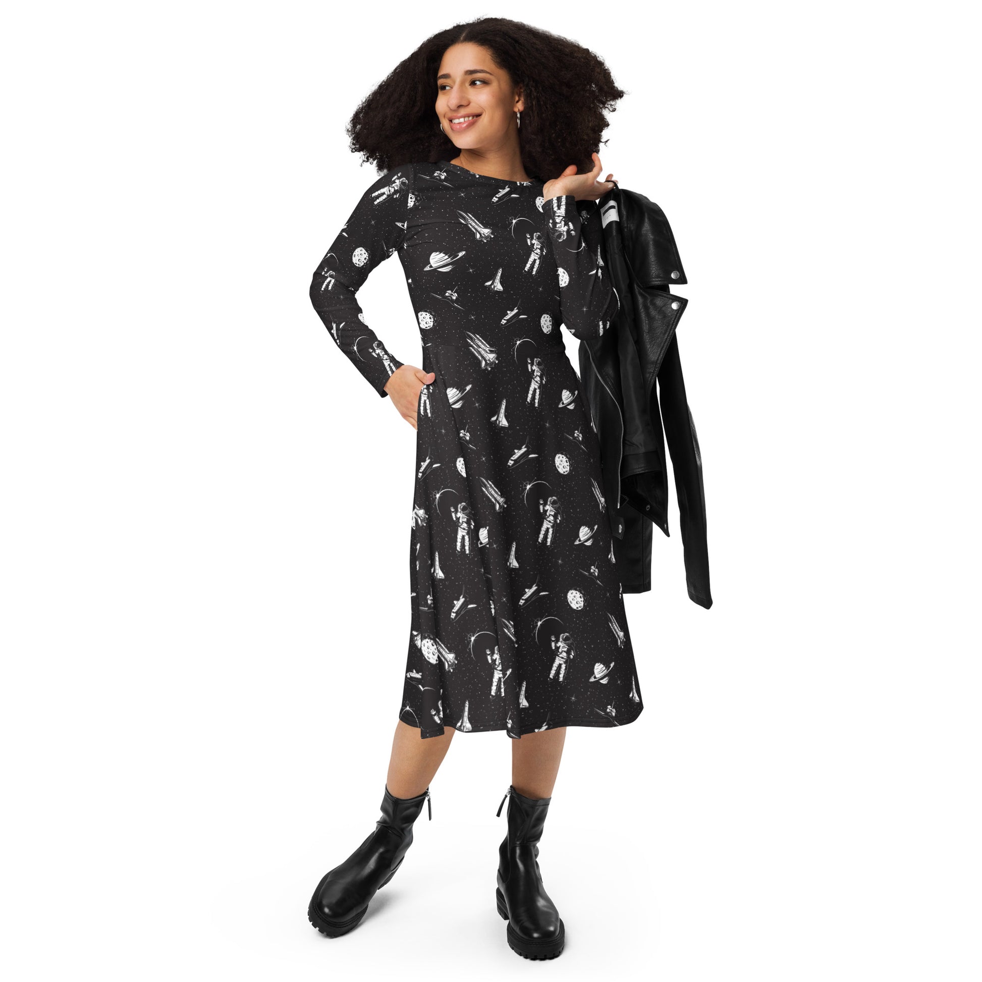 Space Mission Black Outer Space Long Sleeve Midi Dress 4