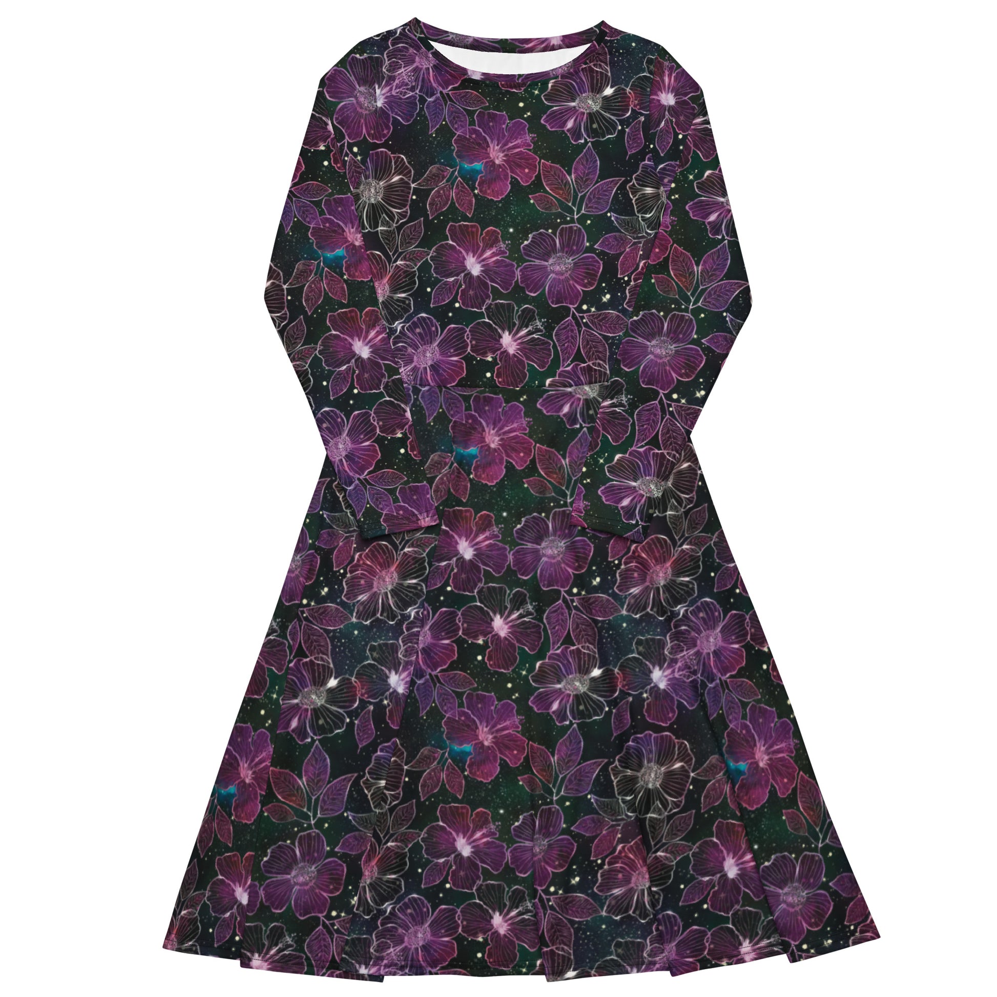 Hawaiian Blooms Space Long Sleeve Midi Dress 1