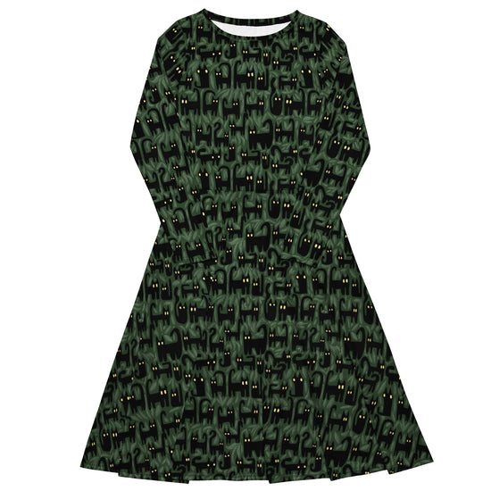 Nerdy Cats in the Leaves Long Sleeve Midi Dress