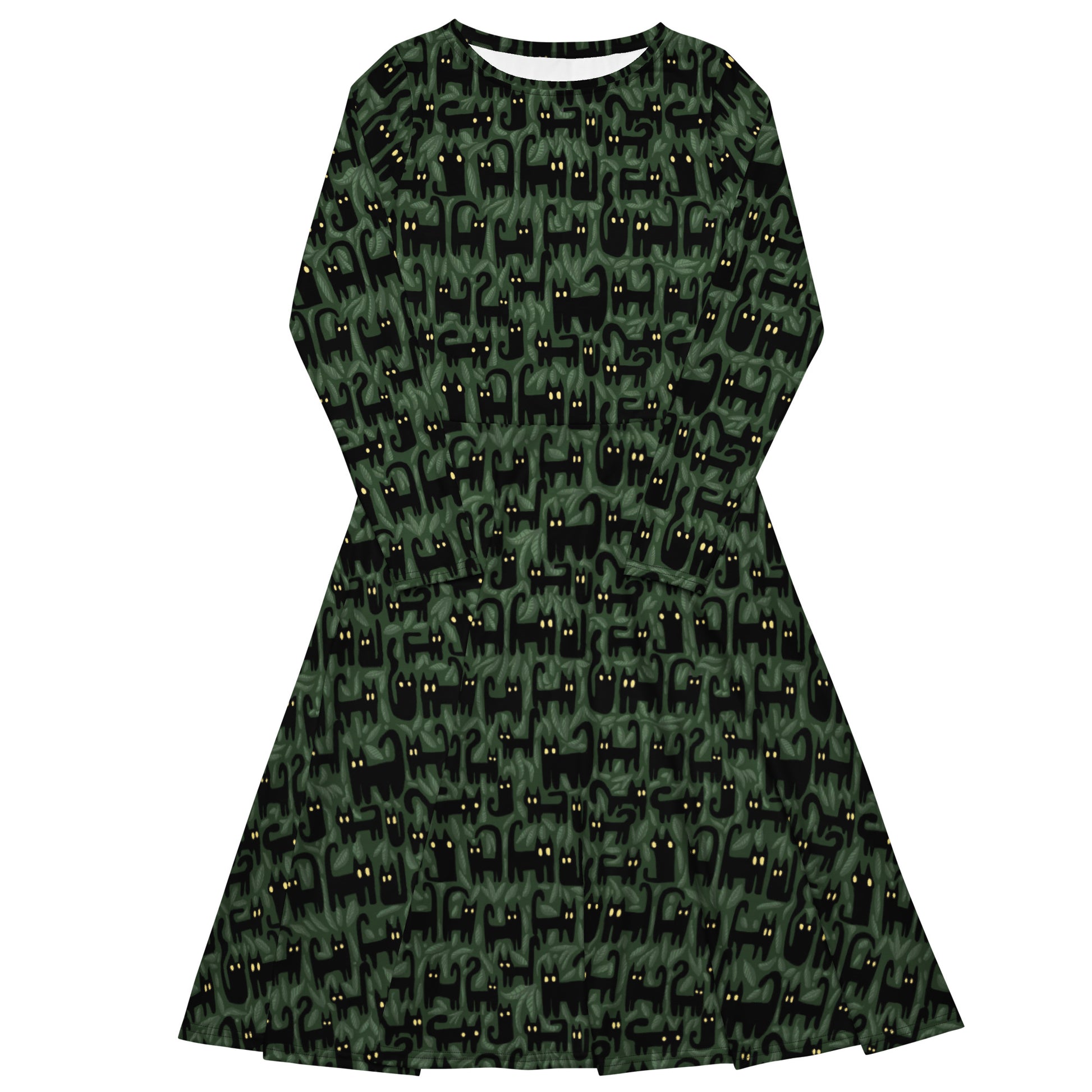 Cats in the Leaves Long Sleeve Midi Dress 1