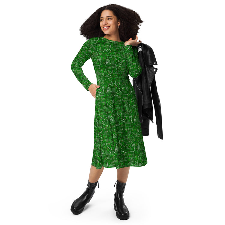 Nerdy Mad Science Lab Green Long Sleeve Midi Dress