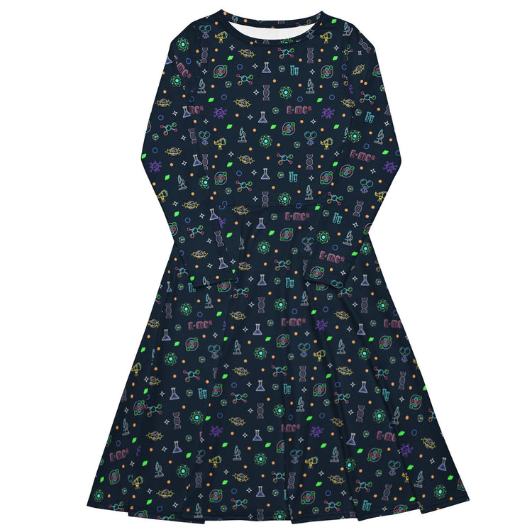 Nerdy Science DNA Molecules Dark Navy Long Sleeve Midi Dress