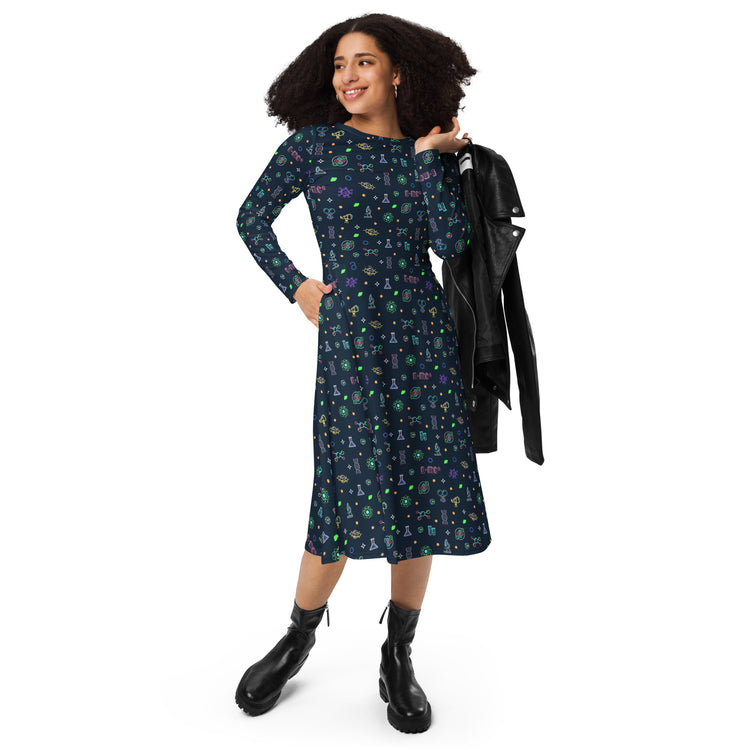 Nerdy Science DNA Molecules Dark Navy Long Sleeve Midi Dress