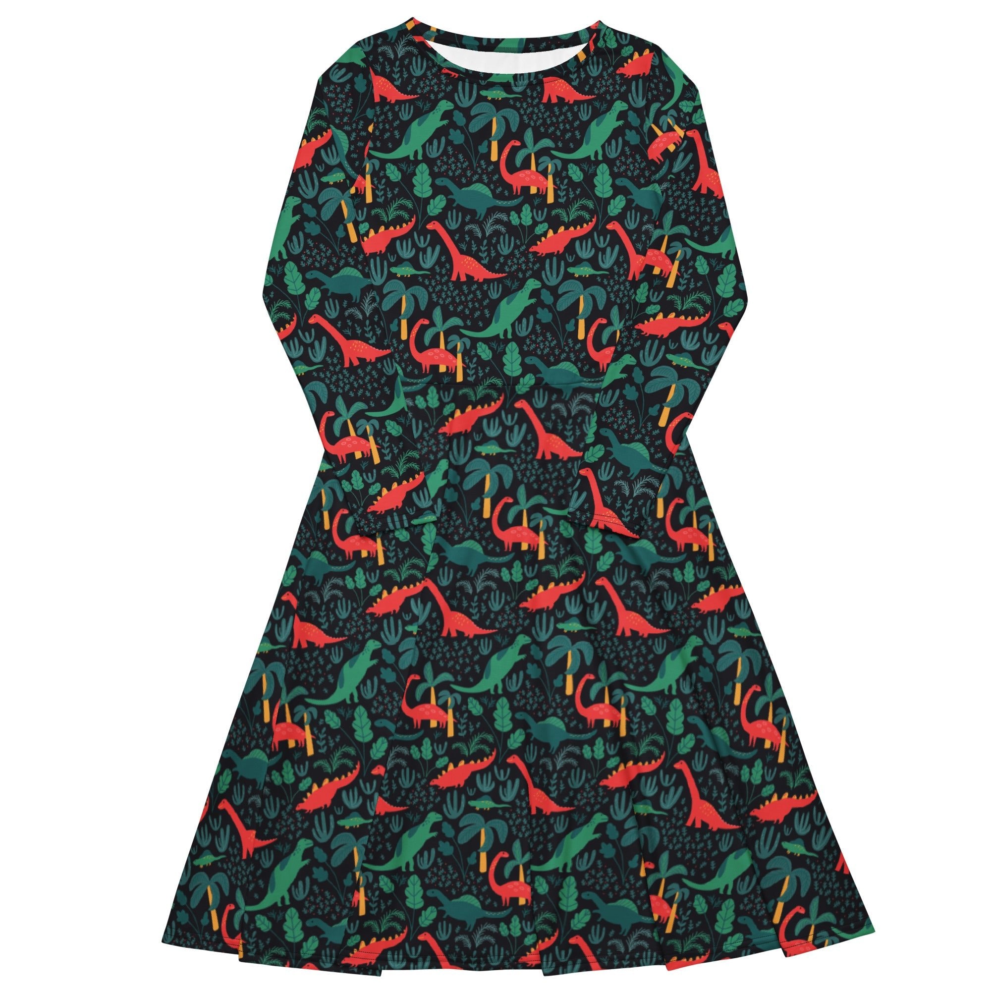 Nerdy Tropical Dinosaur Green Aloha Long Sleeve Midi Dress