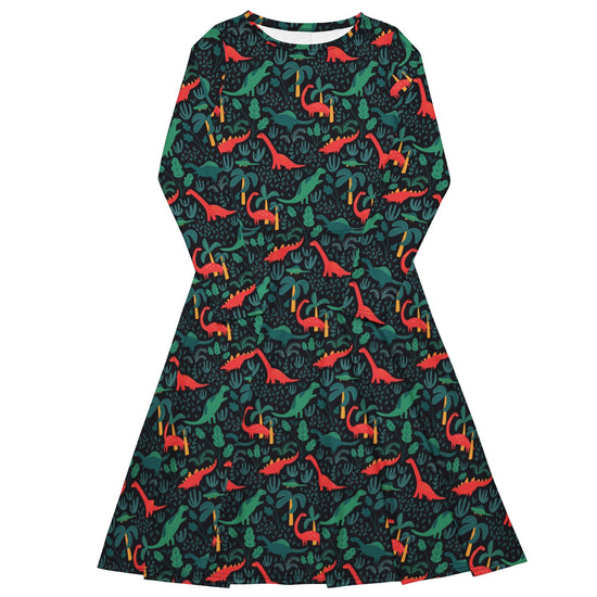 Nerdy Tropical Dinosaur Green Aloha Long Sleeve Midi Dress
