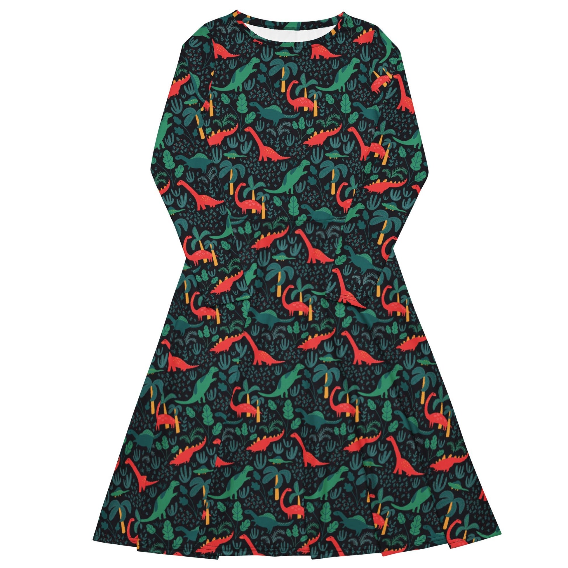 Tropical Dinosaur Green Aloha Long Sleeve Midi Dress 1