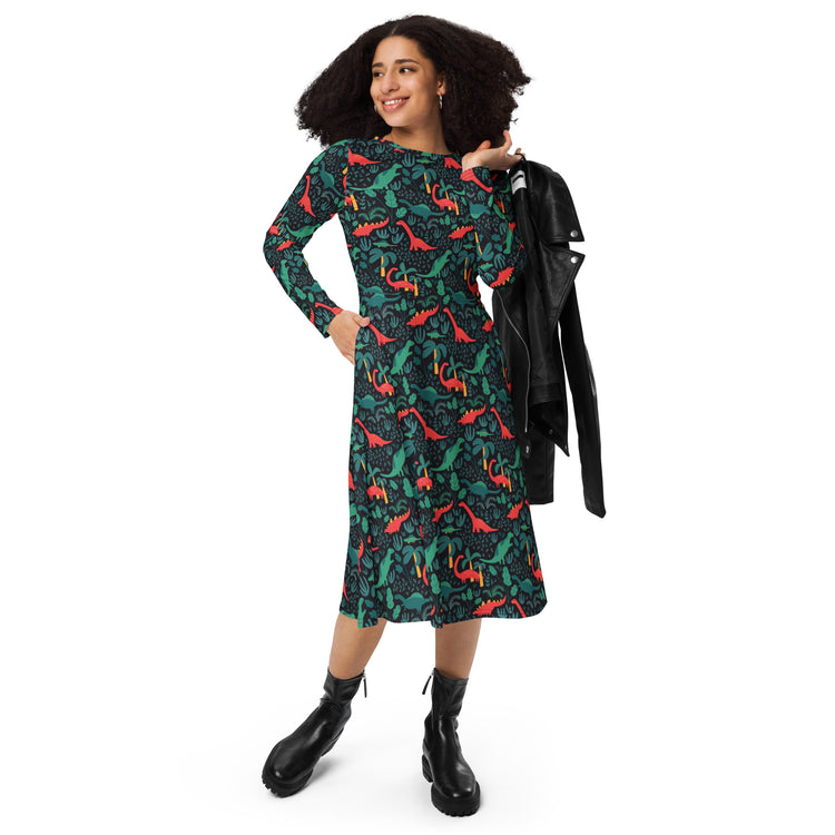 Nerdy Tropical Dinosaur Green Aloha Long Sleeve Midi Dress