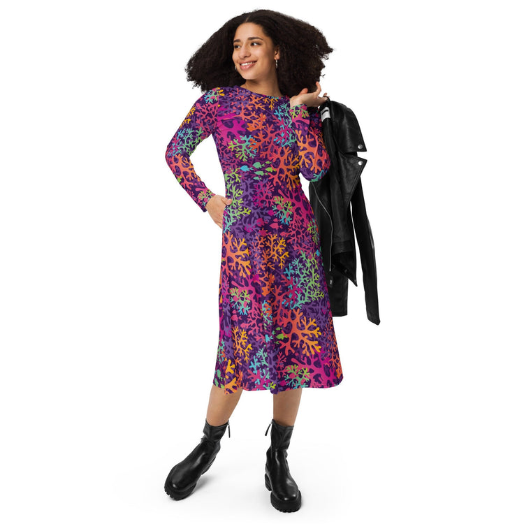 Nerdy Science Marine Biology Rainbow Coral Long Sleeve Midi Dress