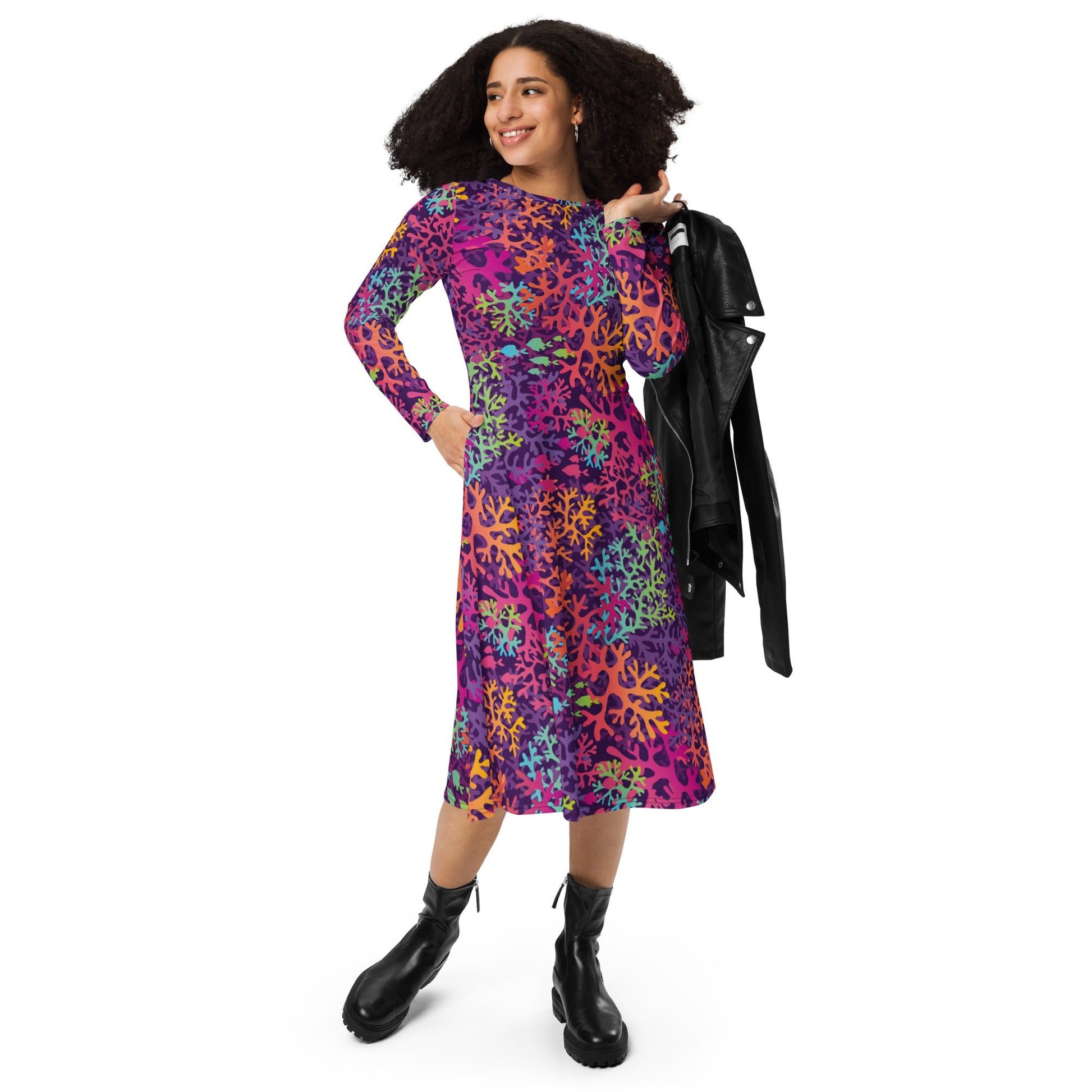 Science Marine Biology Rainbow Coral Long Sleeve Midi Dress 4