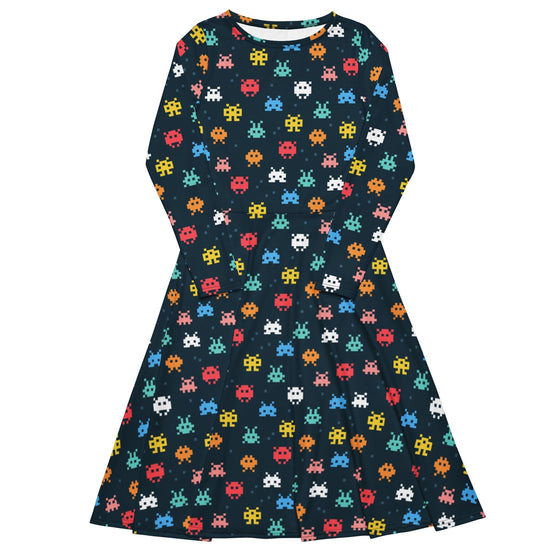 Nerdy Pixel Monsters Teal Video Game Long Sleeve Midi Dress