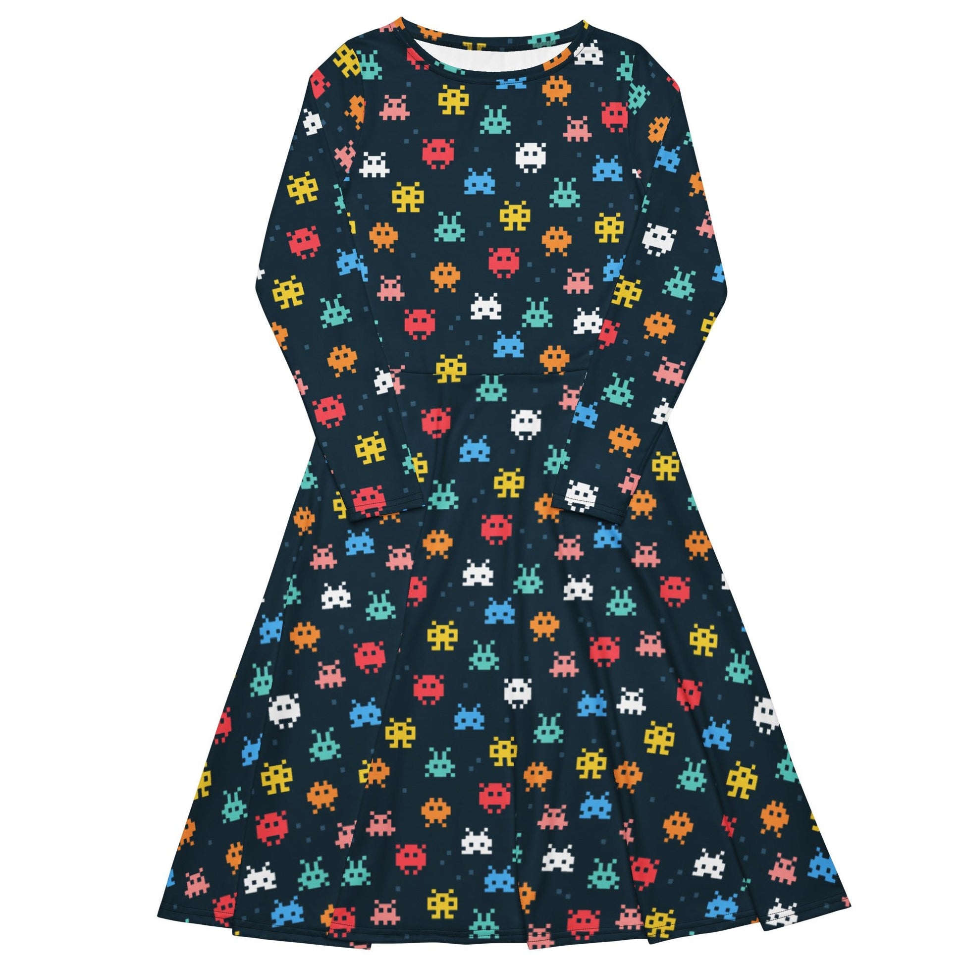 Pixel Monsters Teal Video Game Long Sleeve Midi Dress 1