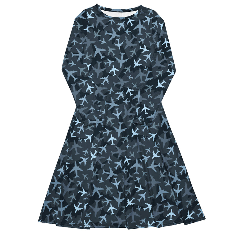 Nerdy Airplanes Blue Camouflage Blue Long Sleeve Midi Dress