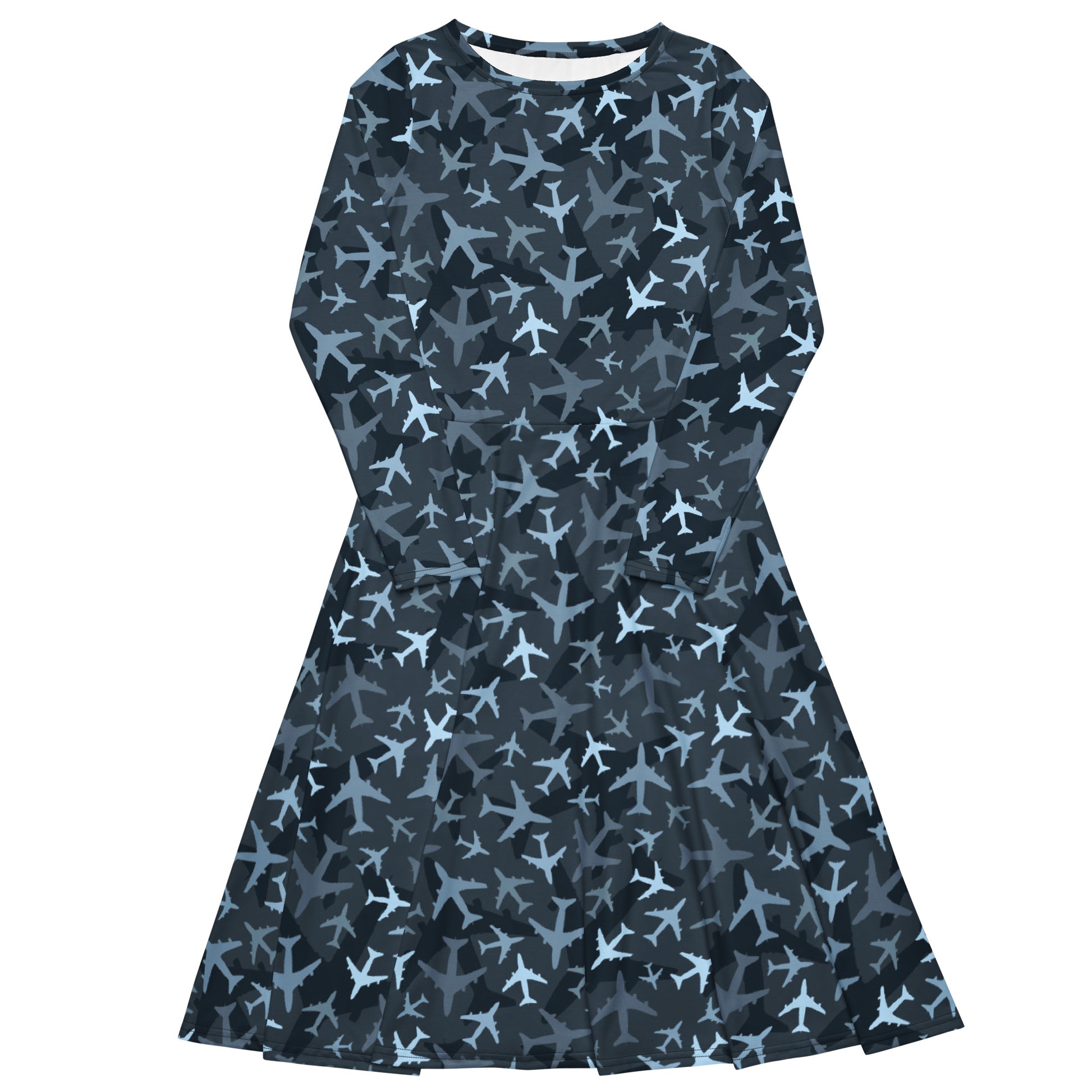 Airplanes Blue Camouflage Blue Long Sleeve Midi Dress 1