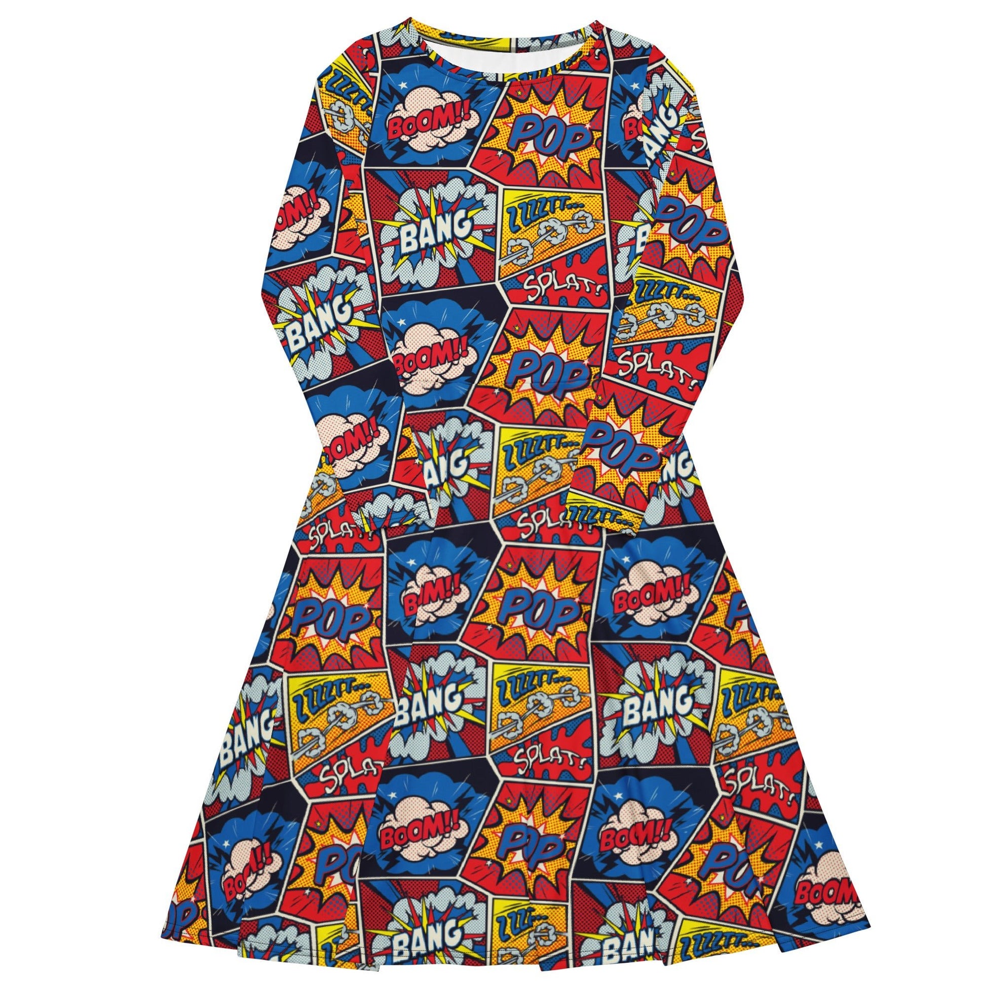 Pop Art Comic Book Red Long Sleeve Midi Dress 1