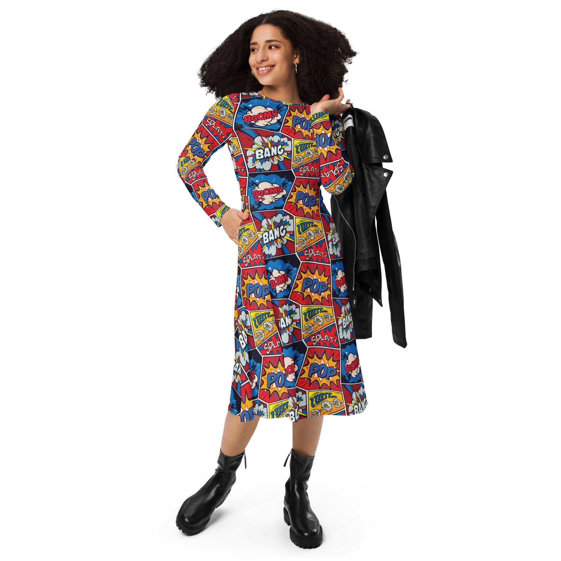 Pop Art Comic Book Red Long Sleeve Midi Dress 4
