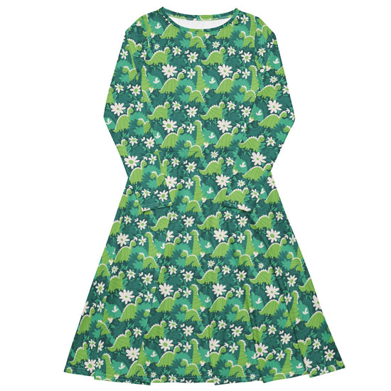 Nerdy Dinosaur Smiles Flowers and Leaves Long Sleeve Midi Dress