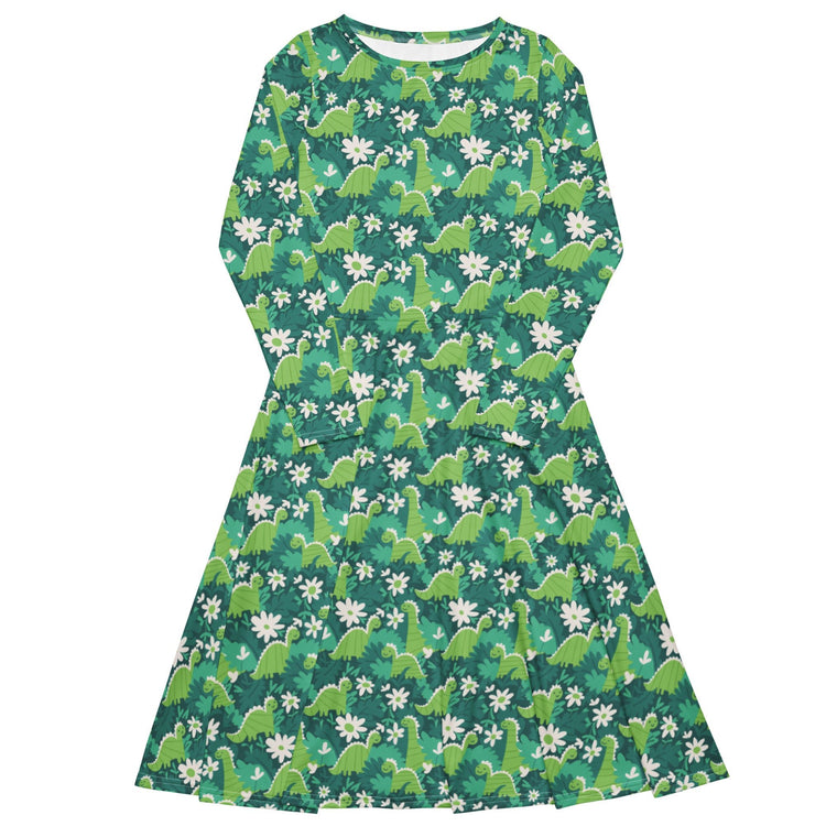 Nerdy Dinosaur Smiles Flowers and Leaves Long Sleeve Midi Dress
