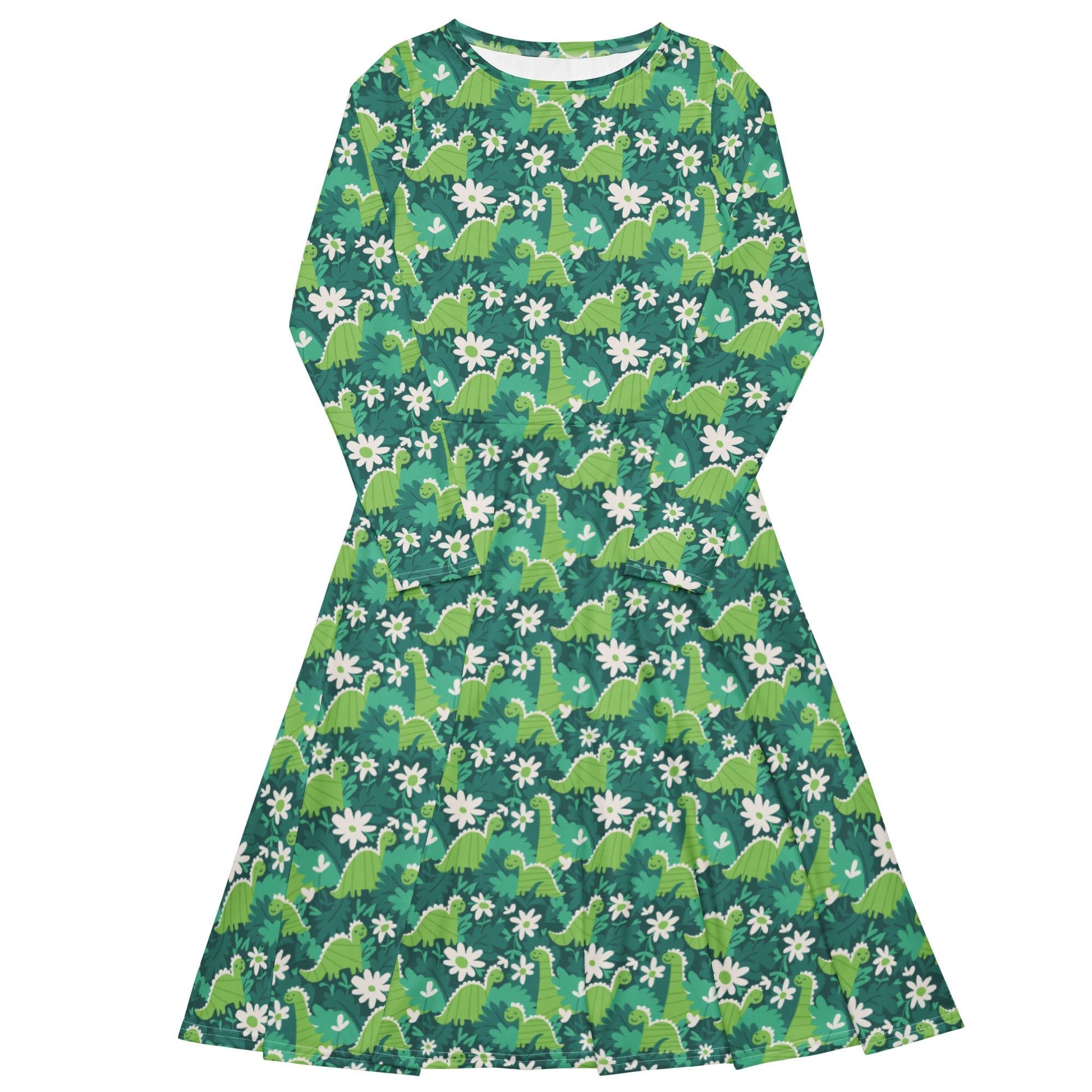 Dinosaur Smiles Flowers and Leaves Long Sleeve Midi Dress 1