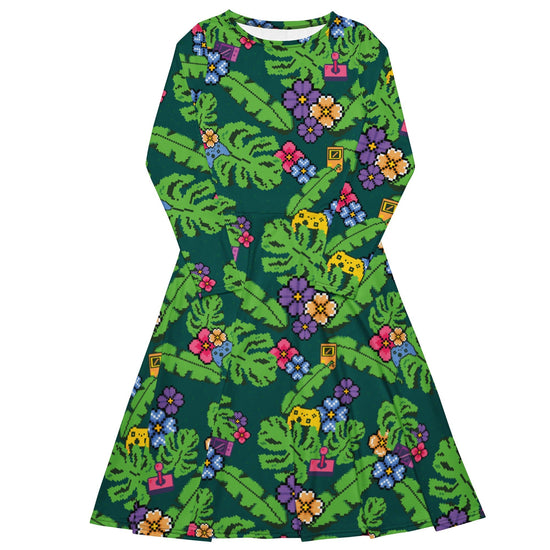 Nerdy Tropical Video Game Pixels Long Sleeve Midi Dress