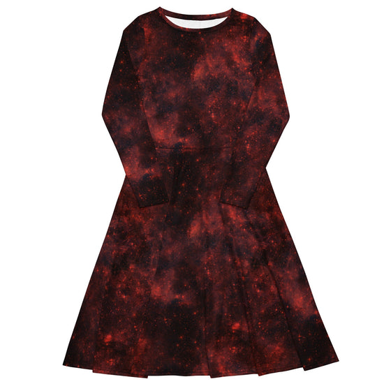 Nerdy Red Nebula Space Long Sleeve Midi Dress