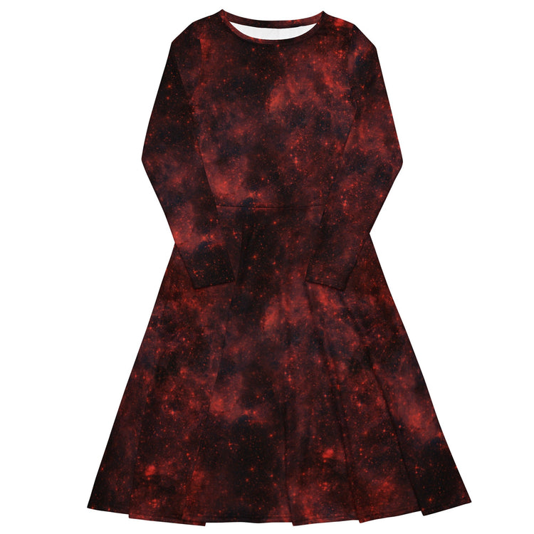 Nerdy Red Nebula Space Long Sleeve Midi Dress