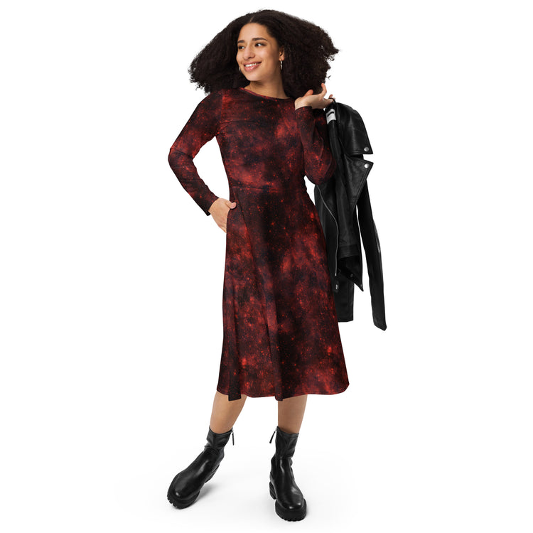 Nerdy Red Nebula Space Long Sleeve Midi Dress