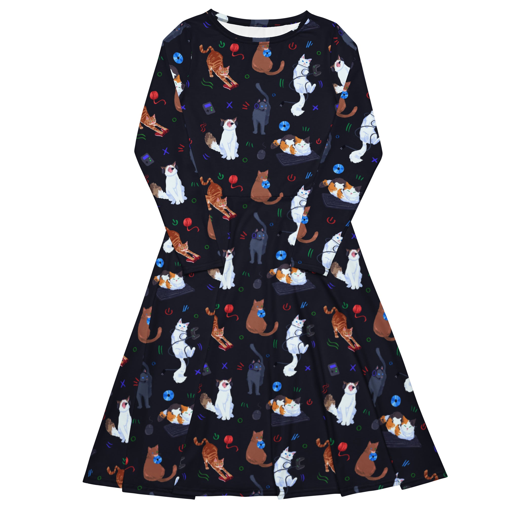 Nerdy Video Game Cats Dark Long Sleeve Midi Dress