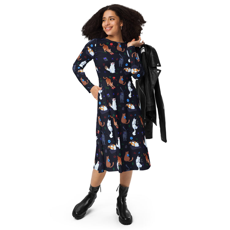Nerdy Video Game Cats Dark Long Sleeve Midi Dress
