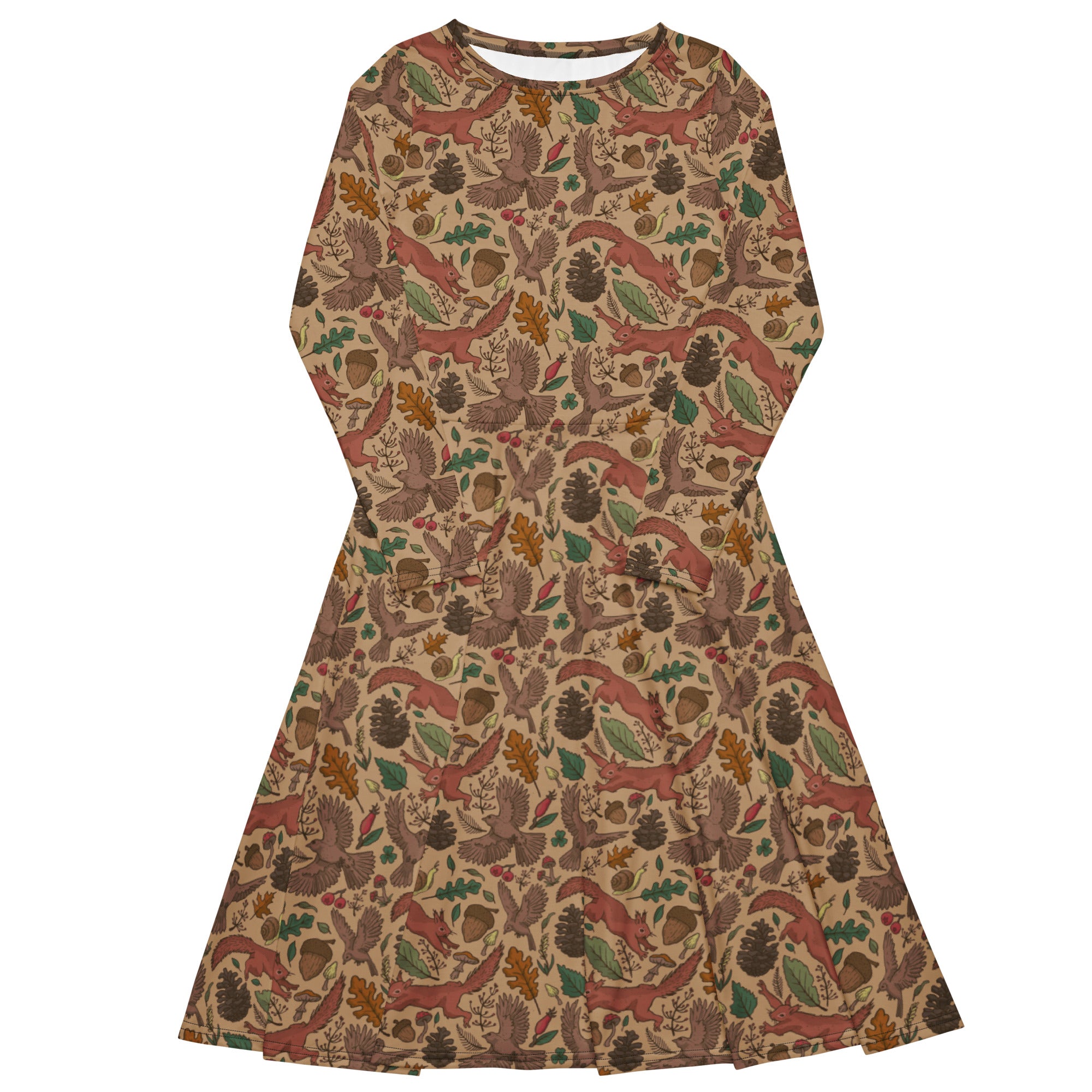 Nerdy Fall Squirrel Long Sleeve Midi Dress