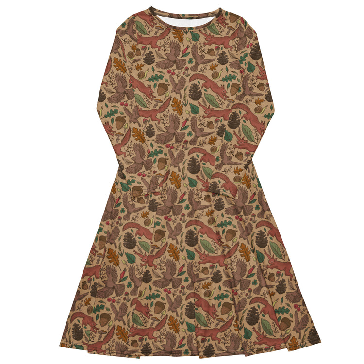 Nerdy Fall Squirrel Long Sleeve Midi Dress