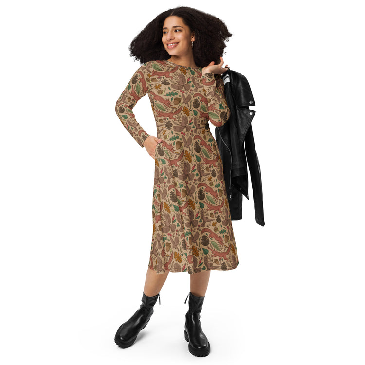 Nerdy Fall Squirrel Long Sleeve Midi Dress