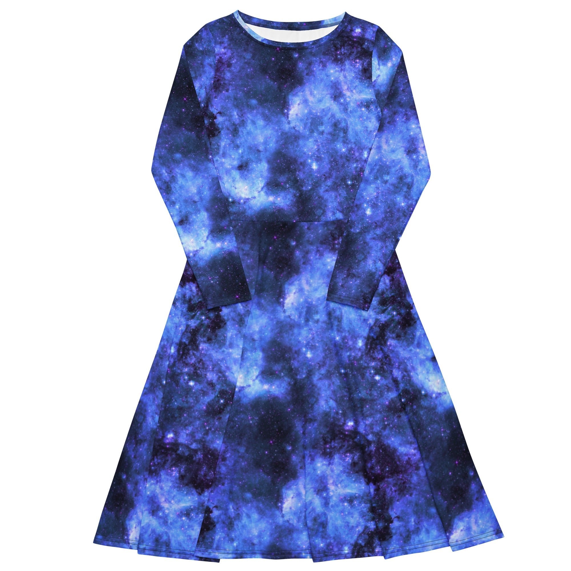 Nerdy Blue Purple Nebula Space Long Sleeve Midi Dress