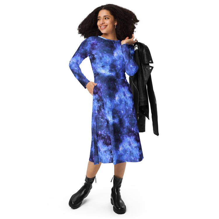 Nerdy Blue Purple Nebula Space Long Sleeve Midi Dress