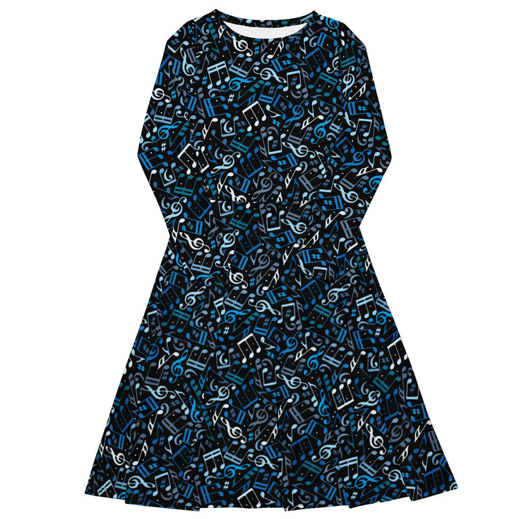 Nerdy Dotted Blue Musical Notes Black Long Sleeve Midi Dress