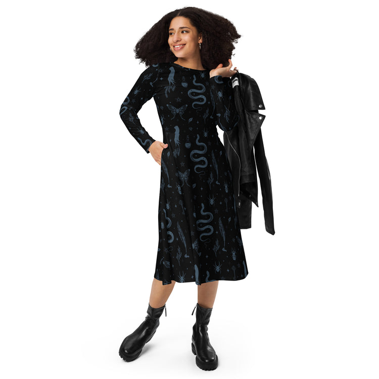 Nerdy Episodic Mystical Collection Black Long Sleeve Midi Dress