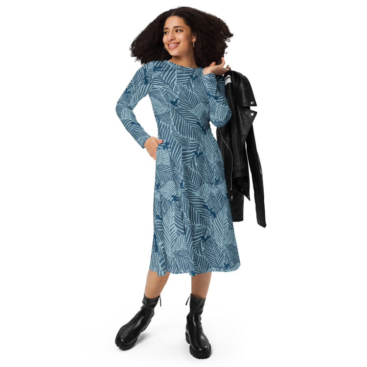 Nerdy Tropical Dragons Long Sleeve Midi Dress