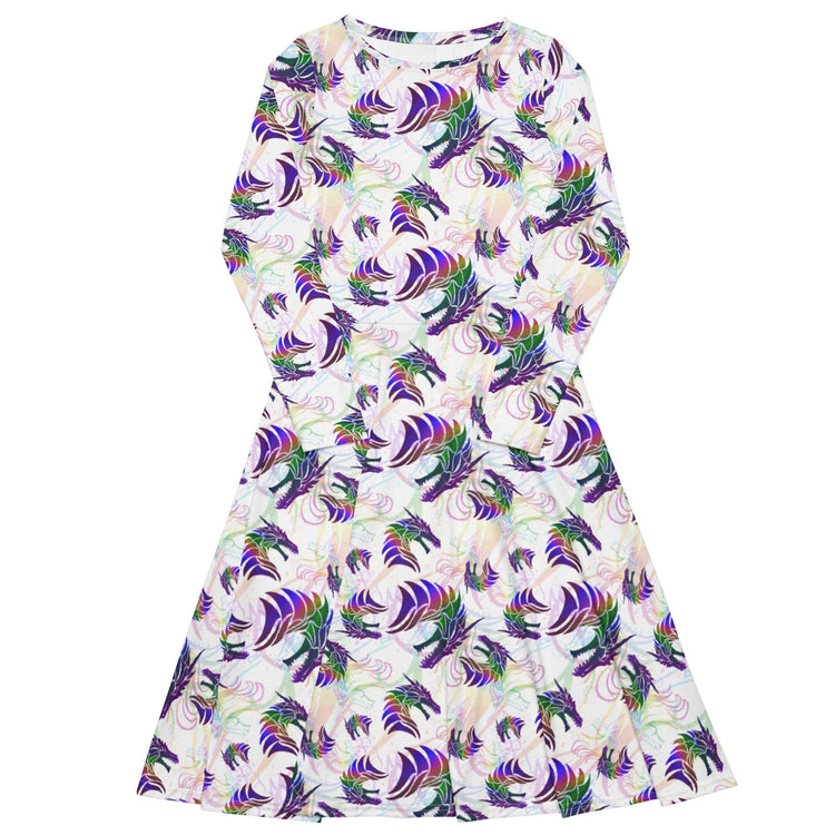 Nerdy Rainbow Dragons and Unicorns Long Sleeve Midi Dress