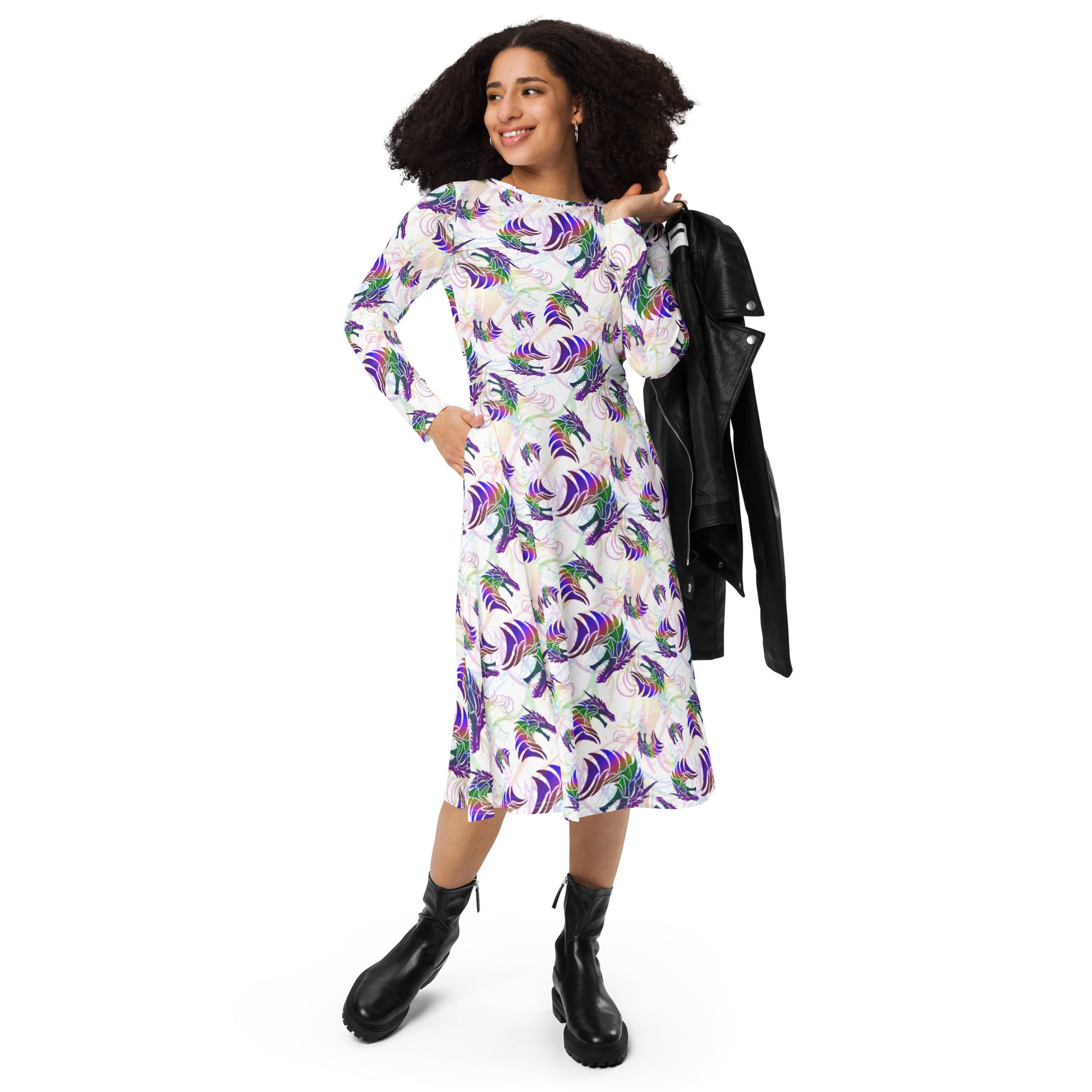 Rainbow Dragons and Unicorns Long Sleeve Midi Dress 4