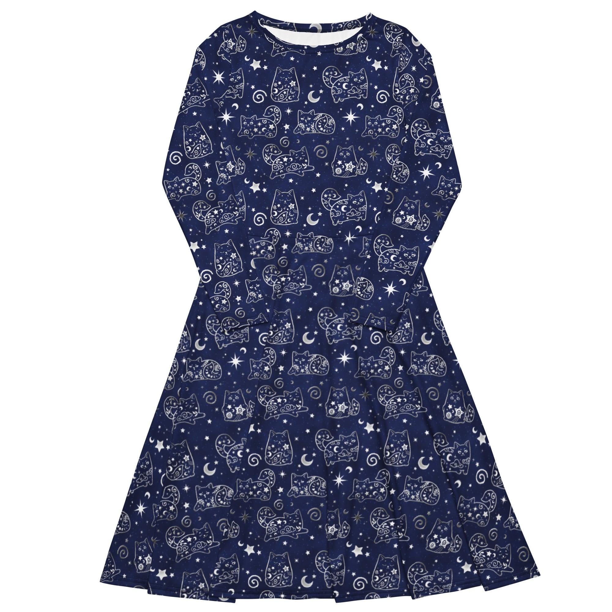 Nerdy Star Cats Long Sleeve Midi Dress