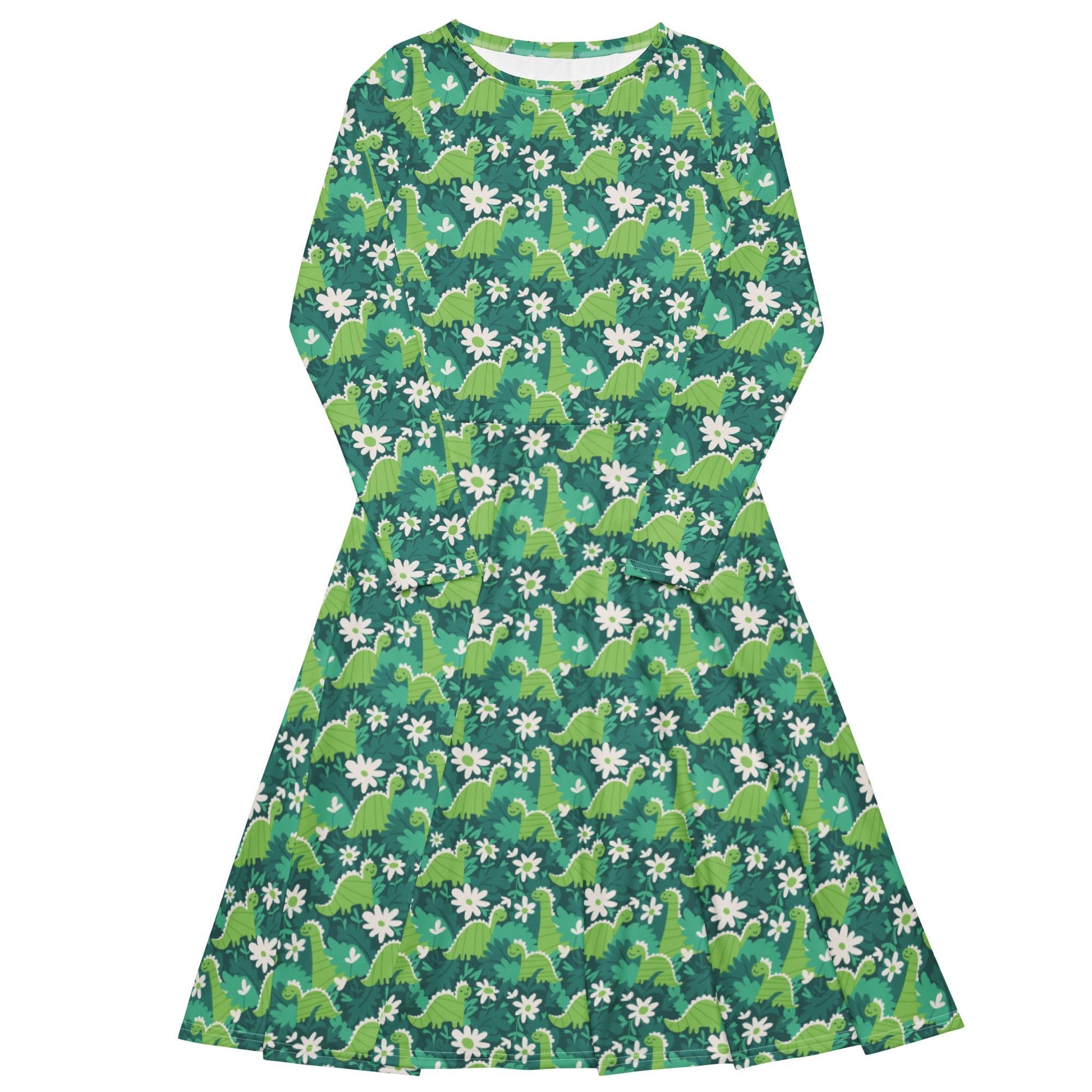Dinosaur Smiles Flowers and Leaves Long Sleeve Midi Dress 1