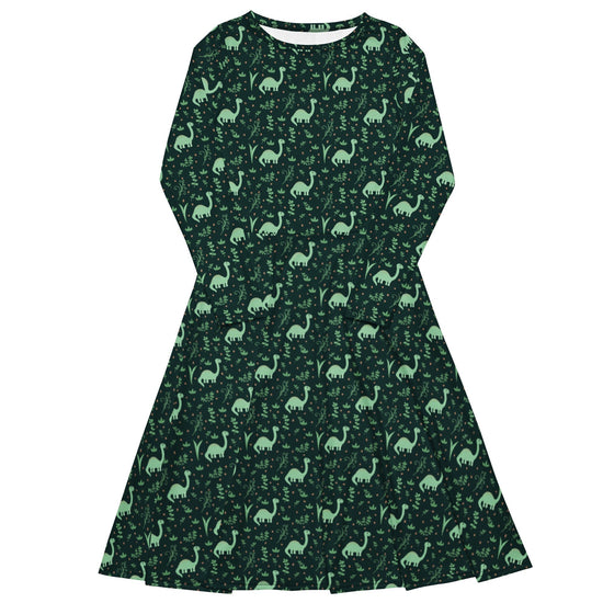 Nerdy Dino Green Tropics Green Dinosaur Long Sleeve Midi Dress