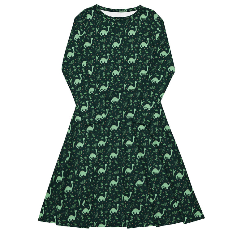 Nerdy Dino Green Tropics Green Dinosaur Long Sleeve Midi Dress